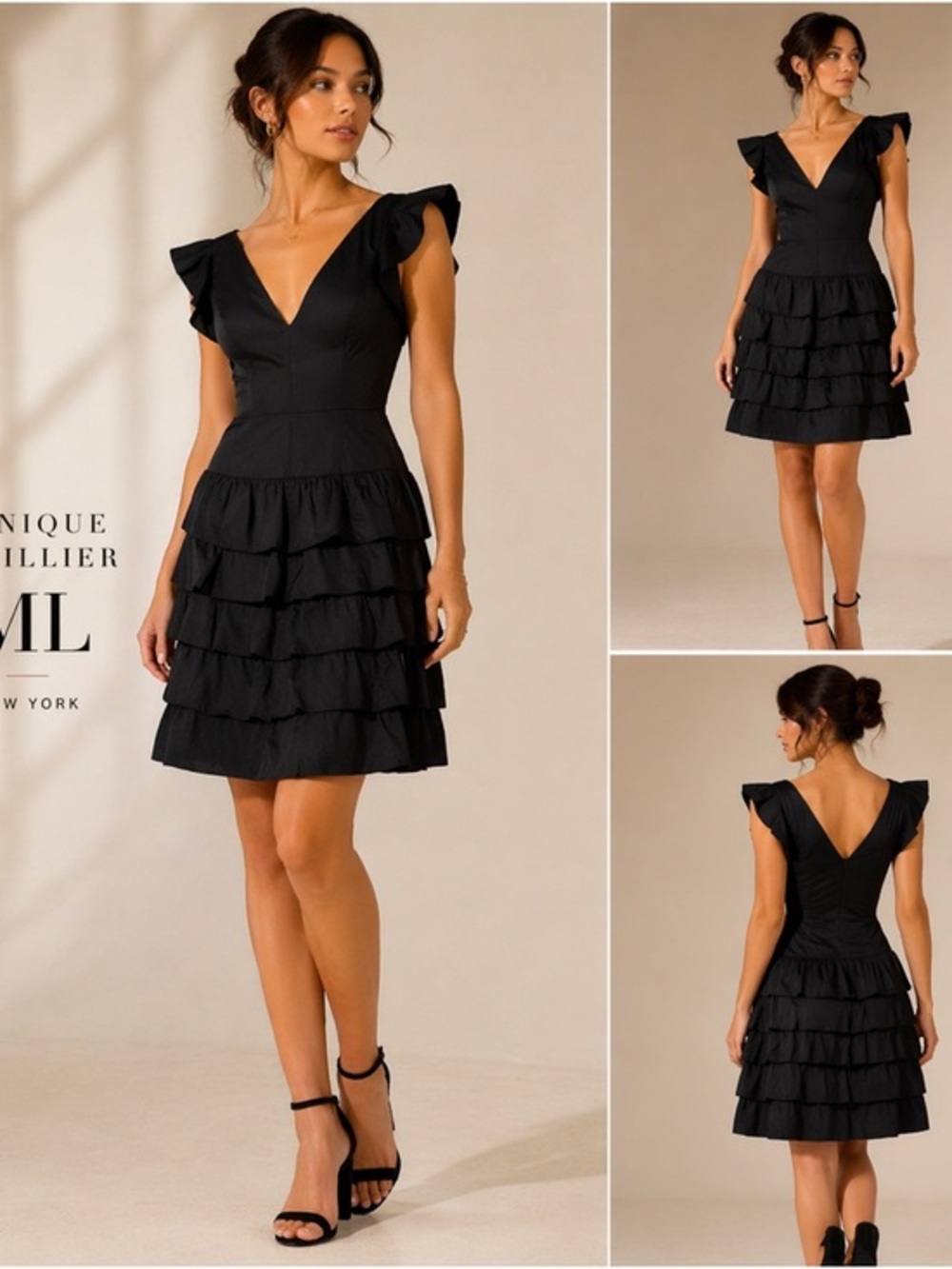 Monique Lhuillier ML Black Tiered Ruffle Cocktail Dress V Neck Flutter Sleeve